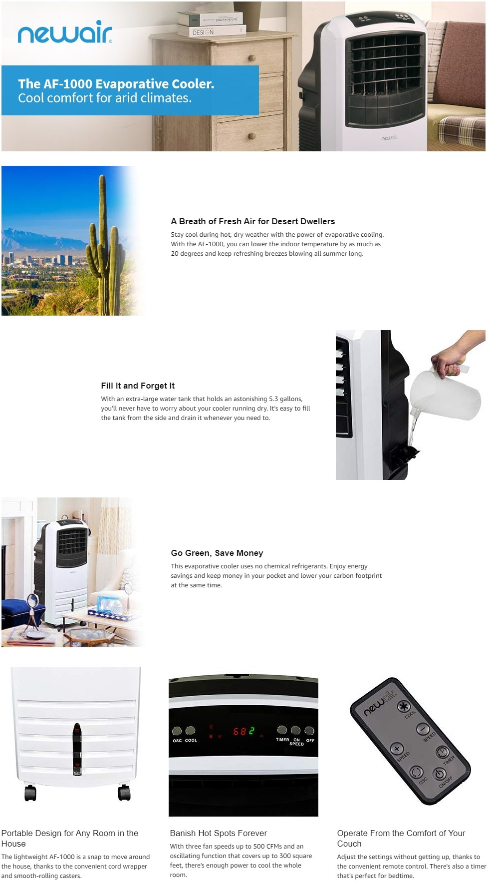 NewAir 1000 CFM 3-Speed 2-In-1 Portable Evaporative Cooler (Swamp